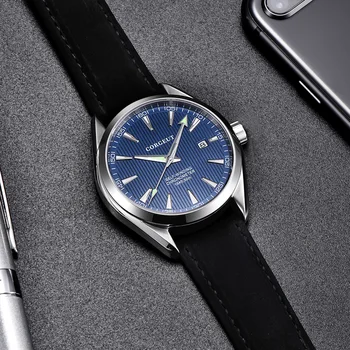 Prabangos prekės Corgeut 41mm vyrų laikrodis odos kalendorius Miyota Automatinė relogio masculino blue Dial Safyro Stiklas vyrai žiūrėti