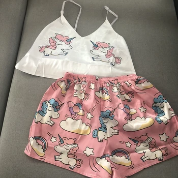 Vienaragis Pižama Moteris Šilko Seksualus Pijamas Merginos Sleepwear Satino Namų Tiktų Vasaros Pyjama V Kaklo 2020 m.