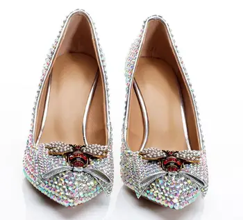 Seklių burną aukšto kulno odiniai vestuviniai bateliai moteriška spalvos deimantų lankas princesė stiliaus nuotakos bridesmaid mados smailianosiai batai