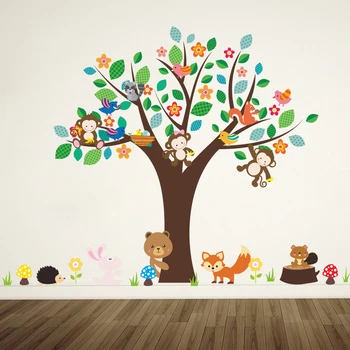 Miško Beždžionė Lokys Žaisti Pagal Medis Sienų Lipdukai Vaikams Kambariai Darželio Namų Dekoro Animacinių Filmų Gyvūnų Sienos Lipdukas Pvc Sienų Menas