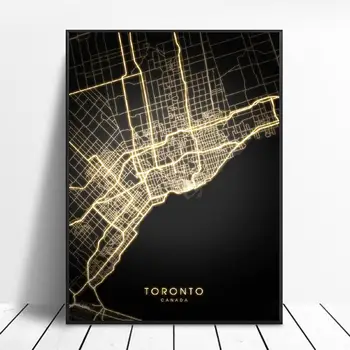 Monrealyje, Otavoje Kvebeko Miestas Toronto Vankuveris Victoria Kanada Juoda ir aukso Drobė Sienos Meno Žemėlapį Plakatą, be Rėmelio