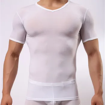 Vyras Undershirt Vyras Seksualus Ledo Šilko Vien T Shirts Vyrų Tinklinio Skaidrus O-kaklo trumpomis Rankovėmis, Vidinės Viršūnės Undershirts Apatiniai