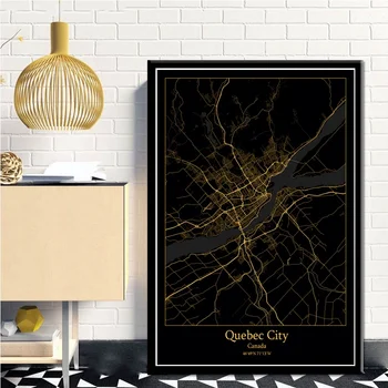 Kvebeko Miestas, Kanada Black&Gold Miesto Šviesos Žemėlapiai Užsakymą Pasaulio Miesto Žemėlapį, Plakatai, Drobė Spausdina Šiaurės Stiliaus Sienos Menas Namų Dekoro