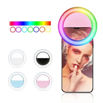 LED RGB Klipą Selfie Žiedas Šviesos Įkrovimo Baterija (akumuliatorius ringlight Išmaniųjų Telefonų Kameros Apvalios Formos apšvietimo ratlankiai šviesos žiedas