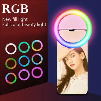 LED RGB Klipą Selfie Žiedas Šviesos Įkrovimo Baterija (akumuliatorius ringlight Išmaniųjų Telefonų Kameros Apvalios Formos apšvietimo ratlankiai šviesos žiedas