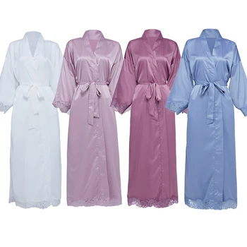 Pritaikyti Moterims, Ilgai Matinis Satino Nėriniais, Chalatai Nuotakos Kimono Nuotaka Rūbeliai Bridesmaid, Chalatai Vestuvės Chalatas Sleepwear