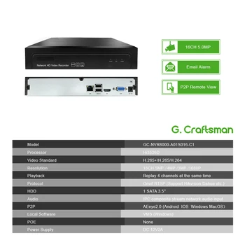 G. Ccraftsman 16ch 5MP H. 265 NVR Tinklo Vaizdo įrašymo 1 HDD 24/7 IP kamerų Įrašymo Onvif 2.6 P2P Apsaugos Sistemos AEeye