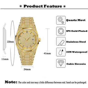 Vyrų Laikrodžiai Hip-Hop Stilius Visiškai Diamond Prabanga 18k Gold Žiūrėti Vyrų Mados Dizaino AAA PLADEN Top Brand Automatinė Data Laikrodis