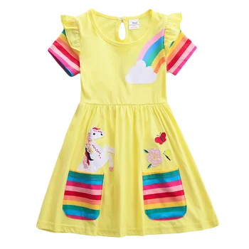 Merginos trumpas rankovėmis suknelė siuvinėta naujo stiliaus kišenės rankovės vaivorykštė medvilnės suknelė išorinis dėvėti šalis vaikas suknelė SH81035