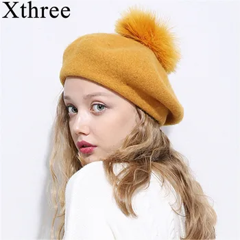 Xthree Žiemos vilna beretė skrybėlę su Stručio kailio pom pom megzta kepurė moterims mergina kietas mados bžūp