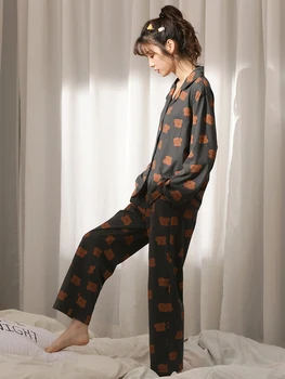 Korėjos stiliaus moteris rudenį, žiemą namuose drabužius ilgomis rankovėmis padengti spausdinti tamsios spalvos, paprastos merginos pajama komplektai patogus sleepwear