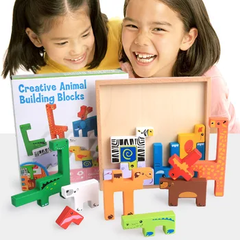 Kūrybos įdomus vaikų švietimo žaislai, mediniai gyvūnų formos dėlionės blokai stalo žaidimas vaikams, vaikams mergina dovanos