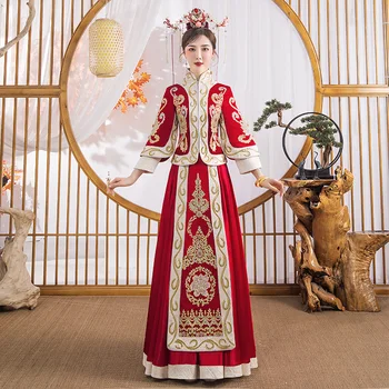 Prabangių Senovinių Vestuvių Kalnų Krištolas Siuvinėjimo Cheongsam Šiuolaikinių Tradicinės Kinijos Vestuvių Suknelė Rytų Moterų Qipao Vestidos
