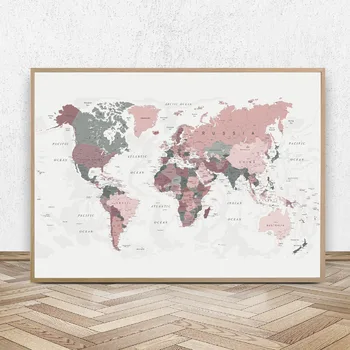 DDHH Pasaulio Žemėlapyje Drobė Spausdinti Blush Pink & Hunter Green Pasaulio Žemėlapis Plakatas Bendrabučio Dekoro Modernios Sienos Meno Tapybos Dekoro Nuotrauką