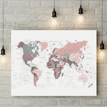 DDHH Pasaulio Žemėlapyje Drobė Spausdinti Blush Pink & Hunter Green Pasaulio Žemėlapis Plakatas Bendrabučio Dekoro Modernios Sienos Meno Tapybos Dekoro Nuotrauką