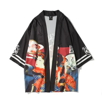 Japonijos Tradicinių Vyrų Kimono Megztinis Rytų Unisex Streetwear Atidaryti Marškinėliai Kailis Japonijos Mados Satino Spausdinti Marškinėliai, Drabužiai