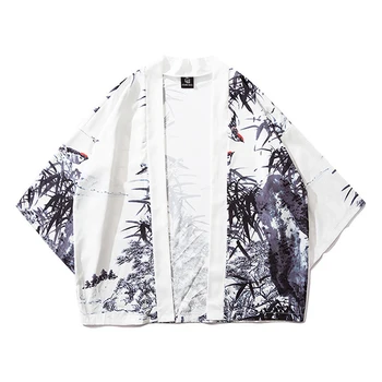 Japonijos Tradicinių Vyrų Kimono Megztinis Rytų Unisex Streetwear Atidaryti Marškinėliai Kailis Japonijos Mados Satino Spausdinti Marškinėliai, Drabužiai