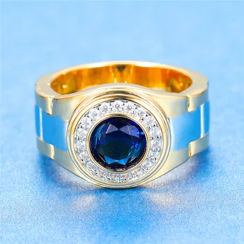 Spalvingas Vyras Moteris Apvalus Mėlynas Akmuo Žiedas Crystal Prabanga Geltonos Aukso Spalvos Vestuvinis Žiedas Senovinių Vestuvinių Žiedų, Moterims, Vyrams