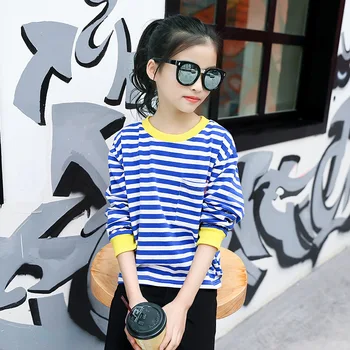 Weixu Vaikų Pavasario Rudens T-shirt Vaikai Mergina ilgomis Rankovėmis Mėlyna Striped Top Marškinėliai Drabužių Paauglių Mergaičių 8 10 12 Metų