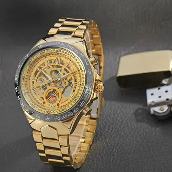 NUGALĖTOJAS Vyrų Aukso Laikrodžiai Automatinis Mechaninis laikrodis Vyrų Skeleton Laikrodis Nerūdijančio Plieno Juosta Prabangos Prekės Sporto Dizainas