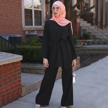 Siskakia Musulmonų Moterų Dviejų dalių Komplektus Nustatyti Trumpas Mados Kietas Megztinis ilgomis Rankovėmis Viršūnes & Visas ilgis Pločio Kojų Kelnes Krenta