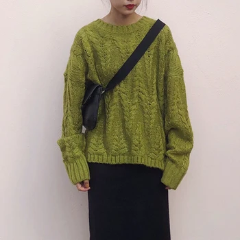 Moterų megztinis Ilgas Megztinis Megztinis Moteriška 2020 Megztinis Negabaritinių Žalia Twist Puloveris Ponios Žiemos Drabužių Atsitiktinis Palaidų Viršūnės