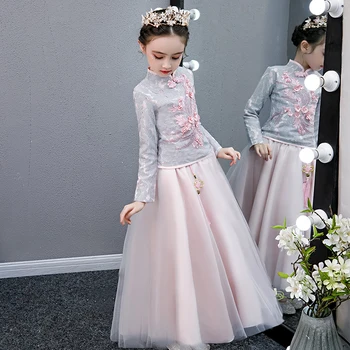 Merginos Nėriniai Siuvinėjimo Cheongsam Suknelė Kūdikių Princesė Vestuvių Suknelė Paauglių Grupė Vestidos Gėlių Mergaičių Kinų Naujieji YearClothing