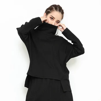 2019 Nauja Rudens Žiemos Golfo Long Sleeve Black Prarasti Nesimetriškas Prarasti Palaidinukė Moterų Mados Streetwear Negabaritinių WH47