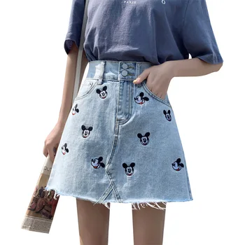 Disney nauja, aukštos kokybės animacinių filmų Mickey Minnie sijonas vasaros aukšto juosmens išsiuvinėtu džinsinio audinio sijonas buvo plonas-line sijonas