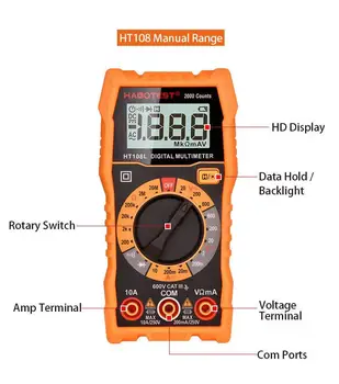 Mini Skaitmeninis Multimetras HT108L Profesinės Ammeter Voltmeter HD Ekranas 2000 Skaičiuoja Ohm Diodų Testeris Dvigubai Saugiklio Apsauga