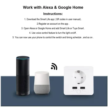 Wifi Smart Wall ES Lizdas, 2 USB jungtys 15A Laikmačio Jungiklis Kontrolės Lizdo Balso Kontrolė Veikia su Alexa, Google App 