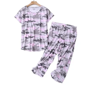 Ponios Trumpas Rankovės+Kelnės Kamufliažas Modelio Pižama Nustatyti Didelio Dydžio Moterų Komfortą Sleepwear Minkštas Purus Laisvalaikio Drabužiai Ir Homewear