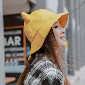 Unisex Vasaros Kibiro Kepurę Apsaugos Nuo Saulės Moterims Cute Kačių Ausų Kepurės Atsitiktinis Žvejys Skrybėlę Geltonos Kepurės