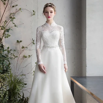 Prašmatnus Vestuvių Suknelė 2020 Ilgai Sleevees Su Varčias Nėrinių Satino Nuotakos Suknelė Aukštu kaklu Vestuvių Suknelės Vestido De Noiva
