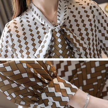 Rudenį palaidinė moterims 2019 ponios viršūnių lankas spausdinimo šifono palaidinė mygtuką Pledas ilgomis rankovėmis marškinėliai blusas femininas drabužius 0332