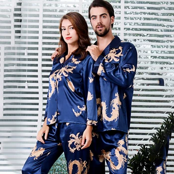 Sleepwear Moterų Pižama Nustatyti Dragon Spausdinti Satino Sleepwear Vieną Krūtinėmis Moterų Namuose Dėvėti Šilko Pajama Nustatyti Kišenėje Naktį Kostiumas