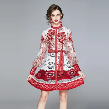 2020 m. Rudenį Naujų Mados Vyriški Dizaineris kilimo ir tūpimo Tako Suknelė Vintage Gėlių Spausdinti Stovėti Apykaklės, Žibintų Rankovės Mini Suknelė su Diržu
