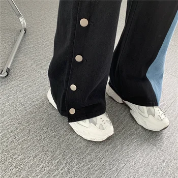 Aukštos juosmens džinsai moterų 2020 m. naujų rudens drabužiai tiesiai prarasti nukentėjo spalvų atitikimo plataus kojų kelnės mados pusėje mygtukai kelnės