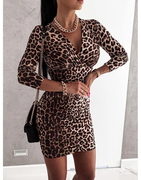 Seksualus, Moterų Bodycon Suknelė Rudenį Naujų Long Sleeve V-Kaklo Aukštos Juosmens Leopard 