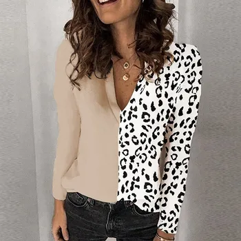2020 Naujų Rudens Tee Marškinėliai Moterų Plius Dydis Pagrindinio Atsitiktinis Palaidų Kratinys T-shirt Leopard Print Long Sleeve V-Kaklo Viršūnes Tshirts