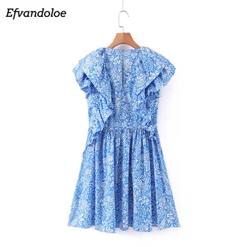 Efvandoloe Moterų Blue Print Suknelė Raukiniai Rankovių Saldus Trumpos Suknelės Vasarą, O Kaklo Vestidos