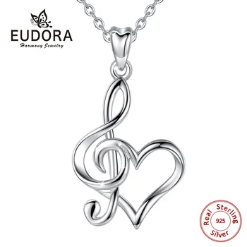 EUDORA 925 Sterlingas Sidabro Muzikos pasirašyti Sidabro Karoliai Širdies Pakabukas Moterų Mados Papuošalai Draugo Jubiliejus-geriausia dovana D413