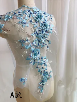 3D Mėlynos spalvos Gėlių Siuvinėjimas Karoliukais Aplikacijos Už vakarinę Suknelę Siūti Drabužiai Pleistras Nėrinių Audiniai, Apdailos Medžiagos, Priedai