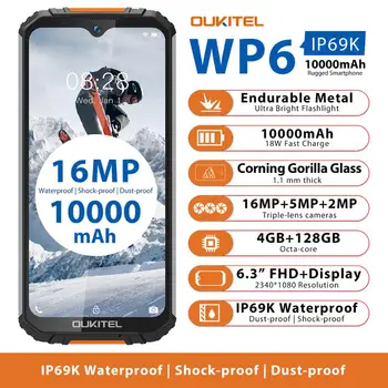 OUKITEL WP6 IP68 Vandeniui 10000mAh Mobiliojo Telefono Gel P70 4GB 128GB Octa Core 16MP Triple Kameros 6.3