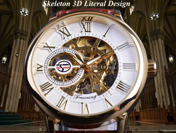 Forsining 3d Logo Dizainas Tuščiaviduriai Graviravimas Balto Aukso Surinkite Aukso laikrodis Vyrams, Prabangos Prekės ženklo Vyrai Skeleton Laikrodis Mechaninis laikrodis