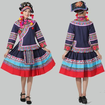 Kinijos tautinių Drabužių mėlyna Hmong Miao kostiumas išsiuvinėti Nacionalinių Šokių etape dėvėti rytų festivalis veiklos kostiumai