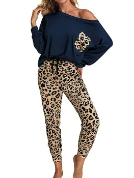 Moterų Tracksuit Leopardas Spausdinti Pavasario, Rudens, Madingi ilgomis Rankovėmis Apvalios Kaklo Marškinėliai Viršuje+Raišteliu Kelnės 2vnt Apranga Rinkinys