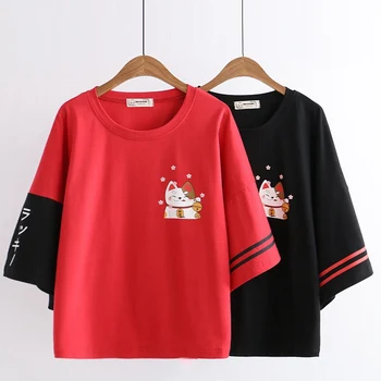 Japonų Animaciją Kačių Marškinėliai Moterims Mielas Raudona Juoda Tee Viršūnės