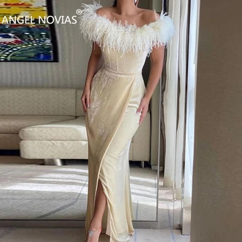 ANGEL NOVIAS Ilgai Šampano Moterų Vlevet arabų vakarinę Suknelę 2021 su Plunksna Prom Chalatai 2021 vestido sirena largo