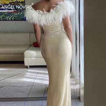 ANGEL NOVIAS Ilgai Šampano Moterų Vlevet arabų vakarinę Suknelę 2021 su Plunksna Prom Chalatai 2021 vestido sirena largo